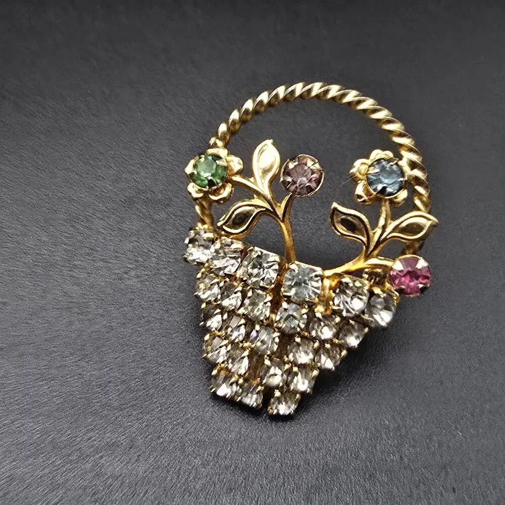 Rhinestone Flower Basket Brooch UV Glow Vintage Costume Jewelry